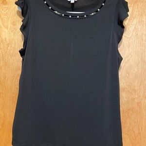 Black Flutter Sleeve Ruffled Blouse with pearl Embellishments